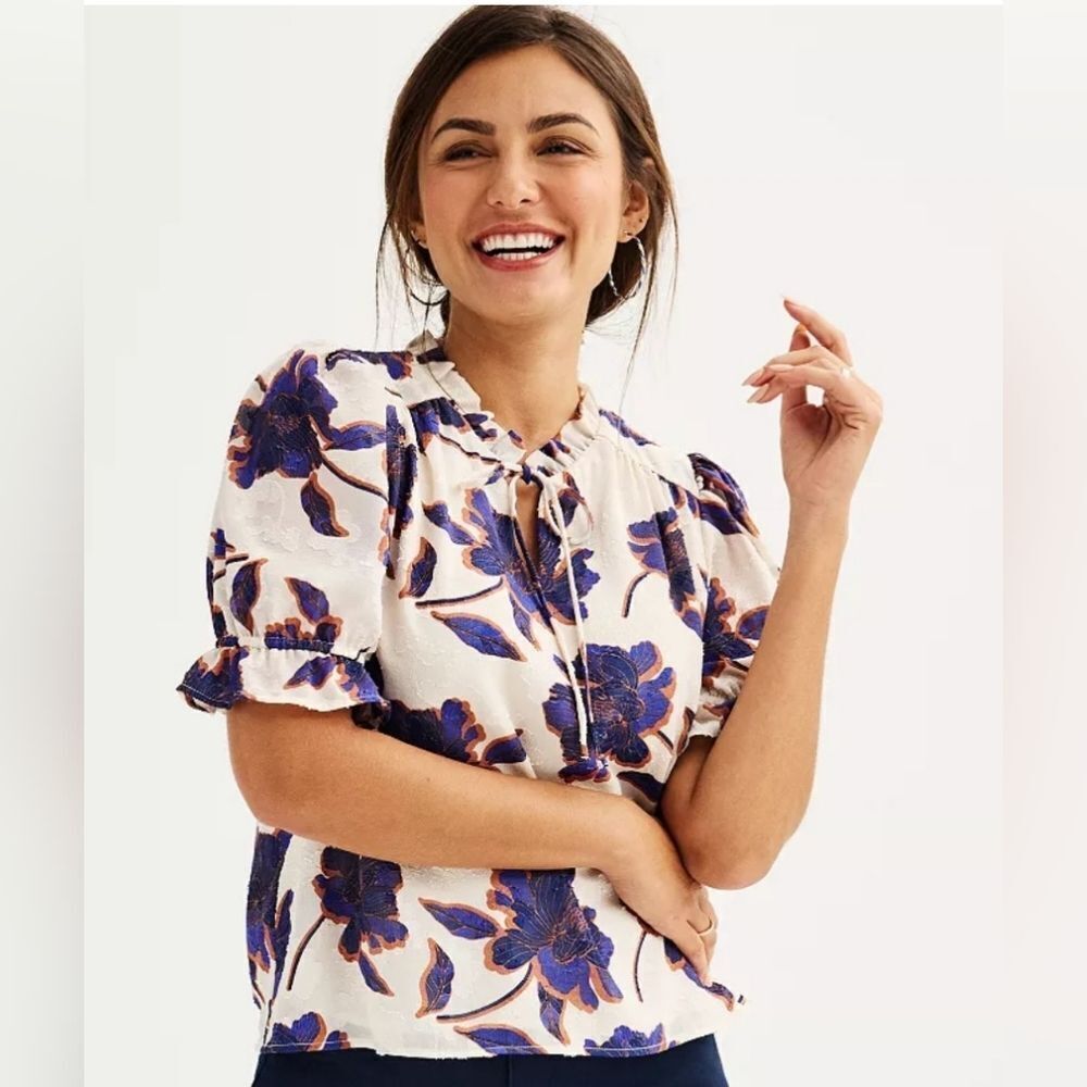 NWT Women's‎ DRAPER JAMES RSVP Tie Neck Jacquard Woven Top